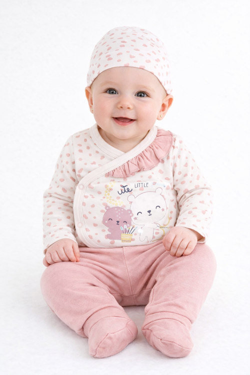 Ensemble bébé 5 pièces rose poudré – Oursons & petits cœurs 🌸🐻