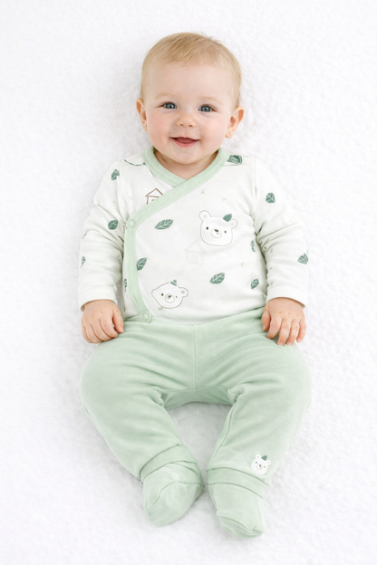 🍃🐻 Ensemble bébé vert tendre – Douceur et confort dès les premiers jours