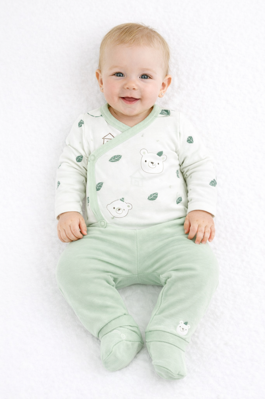 🍃🐻 Ensemble bébé vert tendre – Douceur et confort dès les premiers jours