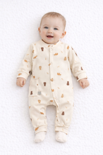 Ensemble Naissance 1 Pièces – Maille Vert Sauge & Crème avec Détail Petit Ourson