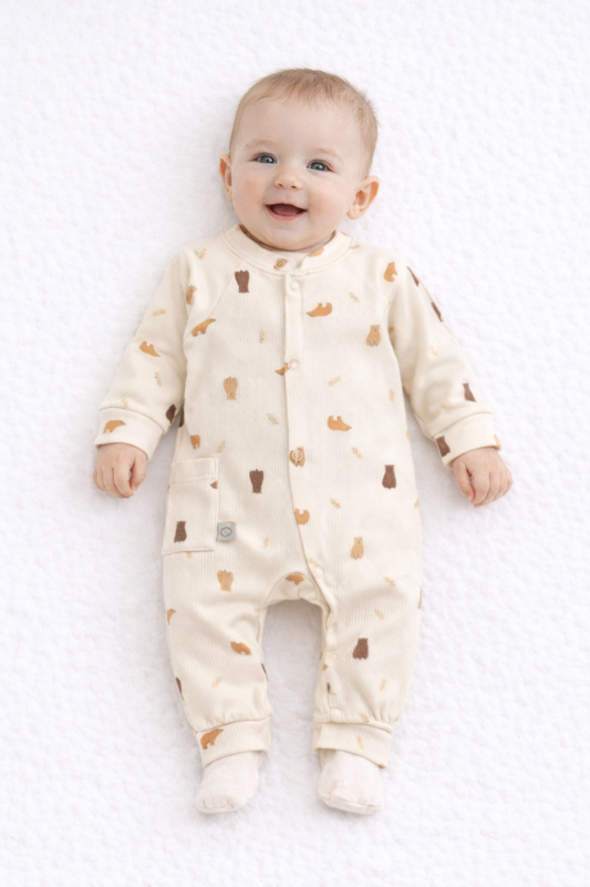 Ensemble Naissance 1 Pièces – Maille Vert Sauge & Crème avec Détail Petit Ourson