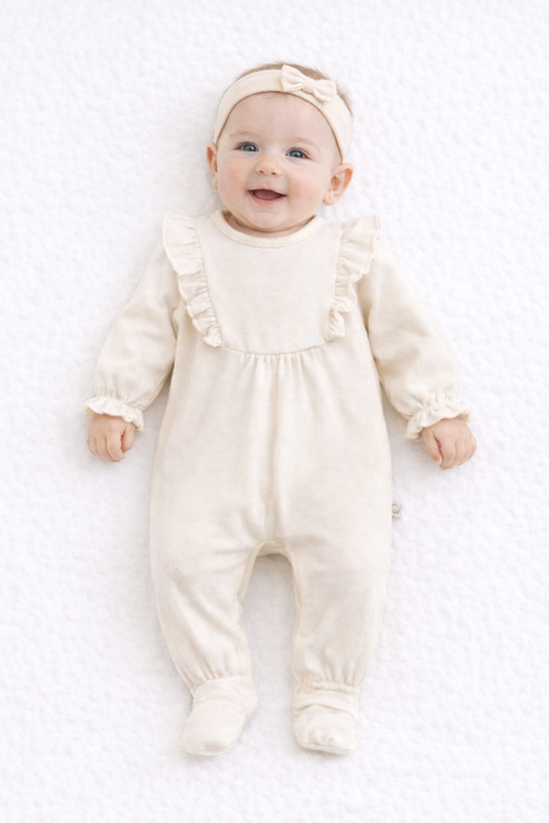 Pyjama barboteuse bébé fille chic avec col volanté et bandeau assorti