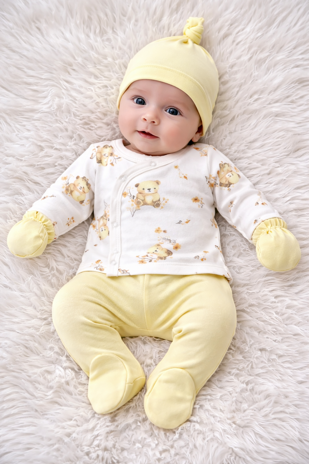 Ensemble Naissance Bébé 5 Pièces Motif Ourson Jaune