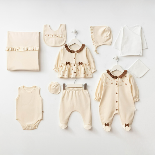 🌸 Coffret naissance 10 pièces crème & chocolat – Collection Florale Élégante ✨