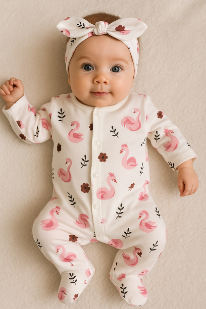 Pyjama Naissance Bébé Fille Motif Cygne avec Bandeau