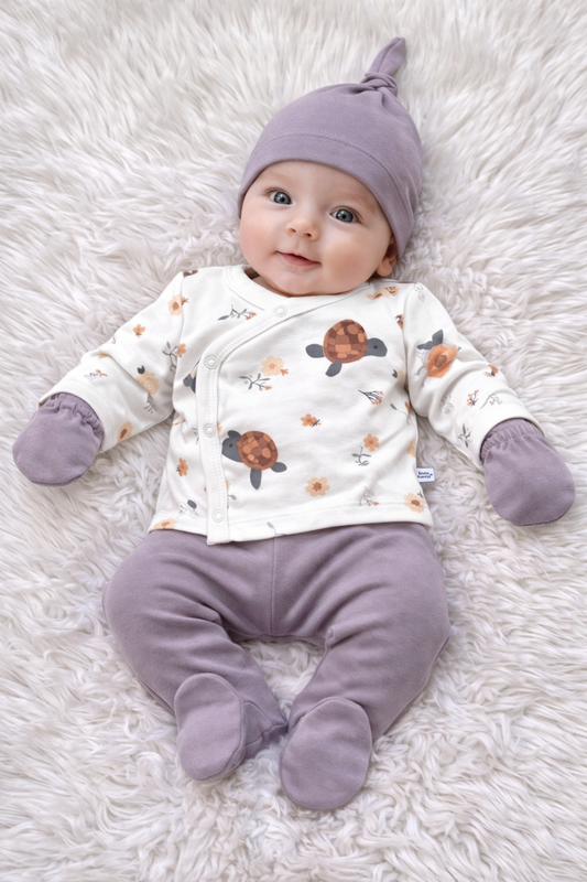 Ensemble Naissance Bébé 5 Pièces Motif Tortue – Gris Doux