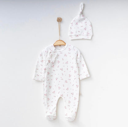 Ensemble Bébé 2 Pièces – Pyjama Côtelé & Bonnet Imprimé Floral Doux
