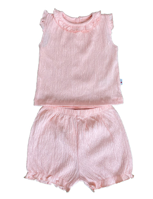🌸 Ensemble bébé 2 pièces rose poudré – Top volanté & short assorti, douceur estivale ✨