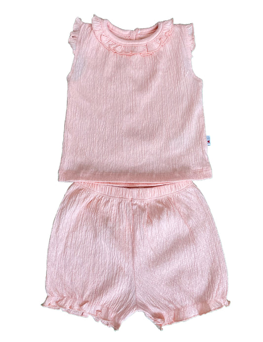 🌸 Ensemble bébé 2 pièces rose poudré – Top volanté & short assorti, douceur estivale ✨
