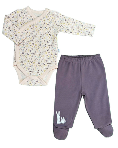 Ensemble naissance 2 pièces – Douceur florale & petits lapins 💜🌸🐰