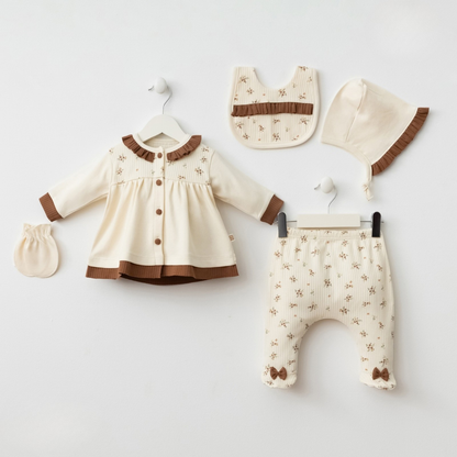 Ensemble naissance 5 pièces crème & floral – Élégance douce et charme intemporel ✨🤎