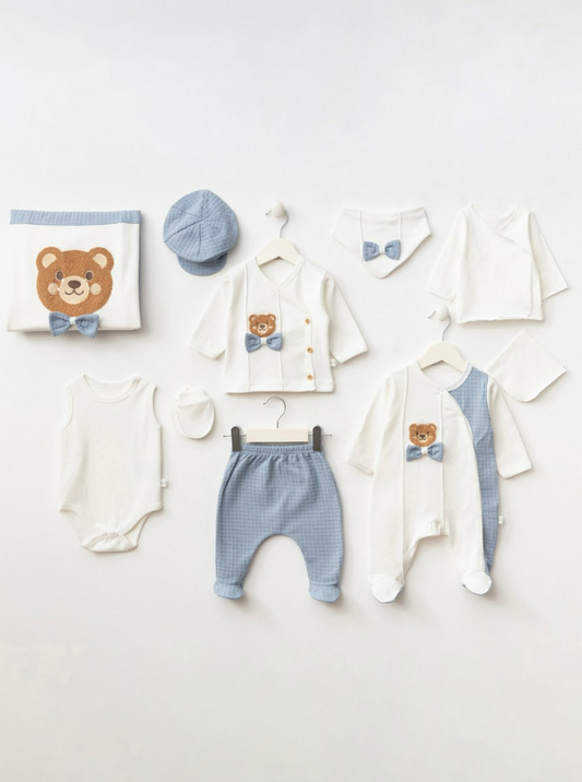 🧸💙 Coffret naissance 10 pièces crème & bleu – Collection Ourson Chic et Élégante ✨