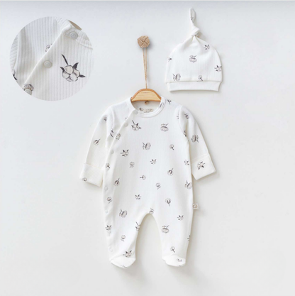Pyjama Côtelé & Bonnet Imprimé Floral