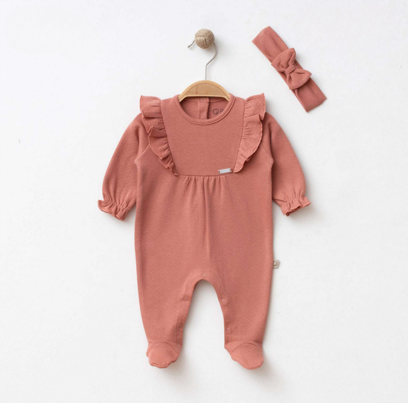 Ensemble Bébé 2 Pièces – Pyjama Volanté & Bandeau Nœud Terracotta