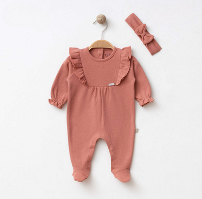 Ensemble Bébé 2 Pièces – Pyjama Volanté & Bandeau Nœud Terracotta