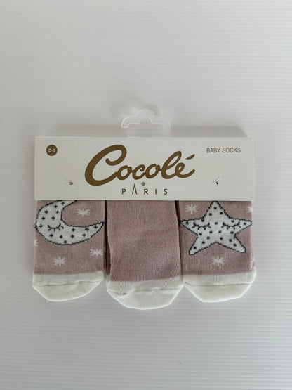 Lot de 3 chaussettes bébé – Motifs lune & étoile – Douces et confortables – 0-1 an
