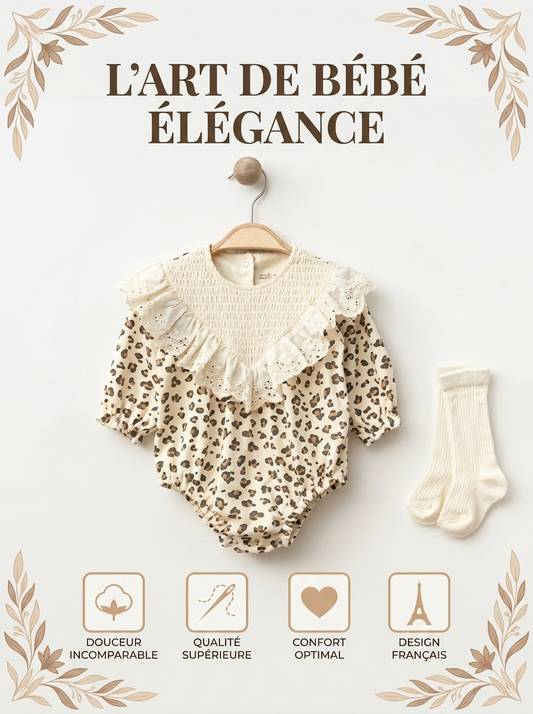 Ensemble Bébé 2 Pièces – Barboteuse Léopard & Col Dentelle Vintage
