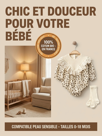 Ensemble Bébé 2 Pièces – Barboteuse Léopard & Col Dentelle Vintage