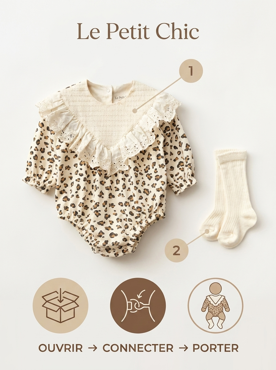 Ensemble Bébé 2 Pièces – Barboteuse Léopard & Col Dentelle Vintage