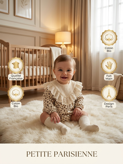 Ensemble Bébé 2 Pièces – Barboteuse Léopard & Col Dentelle Vintage