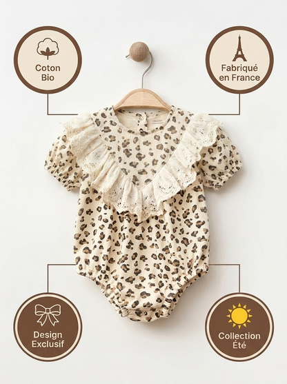 Ensemble Bébé 2 Pièces – Barboteuse Léopard & Col Dentelle Vintage